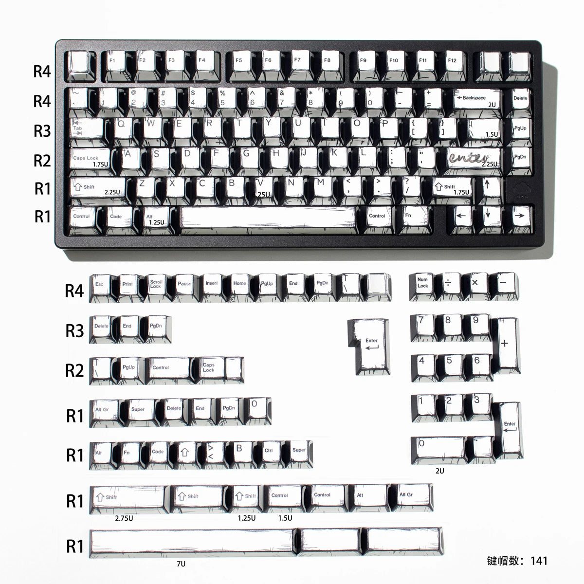 Black and White Comic Keycaps 141 Keys